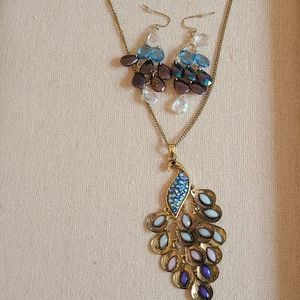 Peacock gorgeous dangle earrings and long necklace